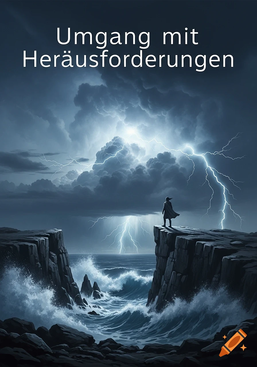 A cloaked figure on a cliff gazes at a stormy ocean with lightning. Text reads "Umgang mit Herausforderungen".