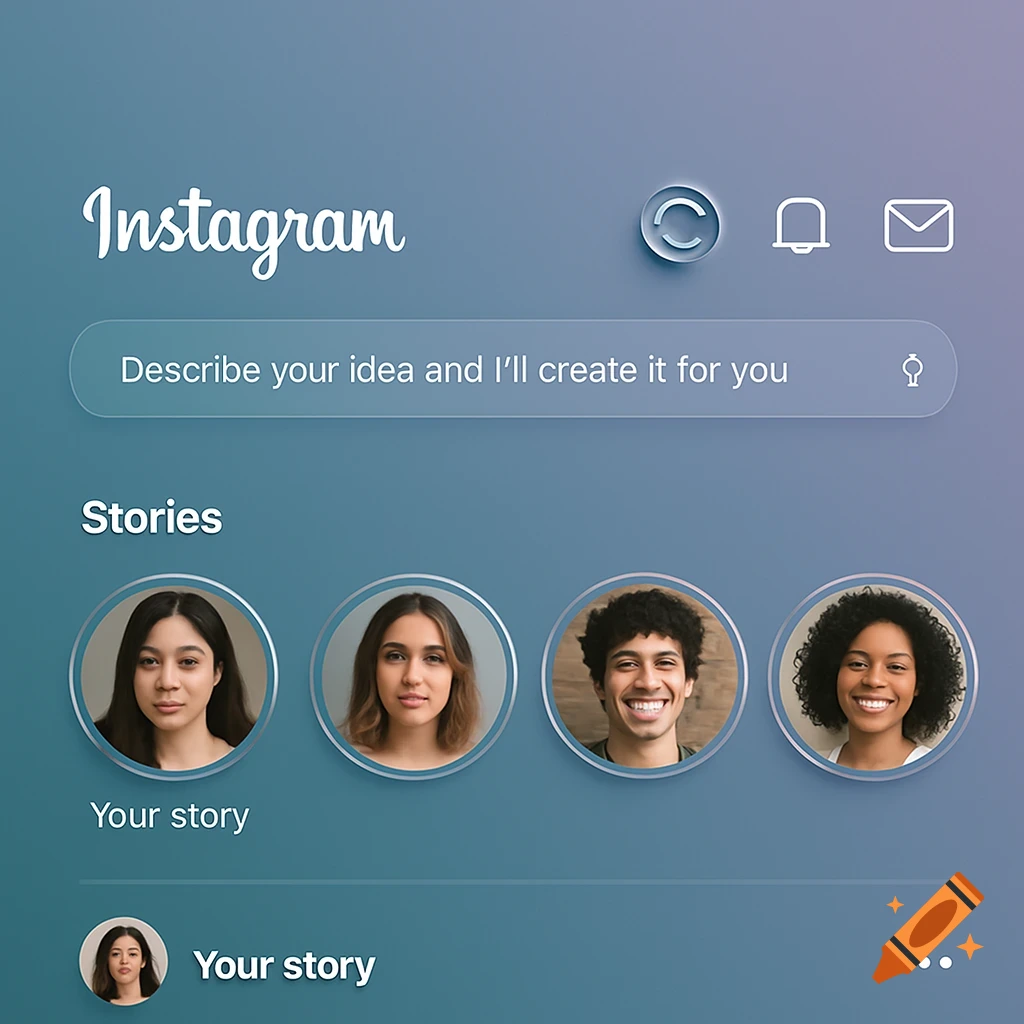 A mock-up of the Instagram homepage with a search bar, icons, and user stories featuring diverse faces.