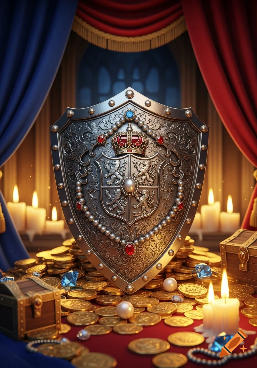 Ornate silver shield with a crown, jewels, and a coat of arms, surrounded by gold coins, gems, and treasure chests.