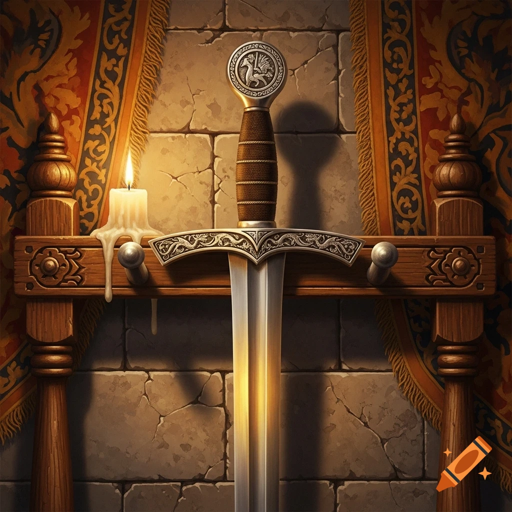 An ornate medieval sword hangs on a wooden rack next to a lit candle, against a stone wall and tapestry, in an oil painting style.