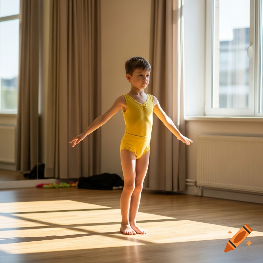 Young boy in a yellow leotard practicing ballet barefoot in a sunlit room with wooden floors.