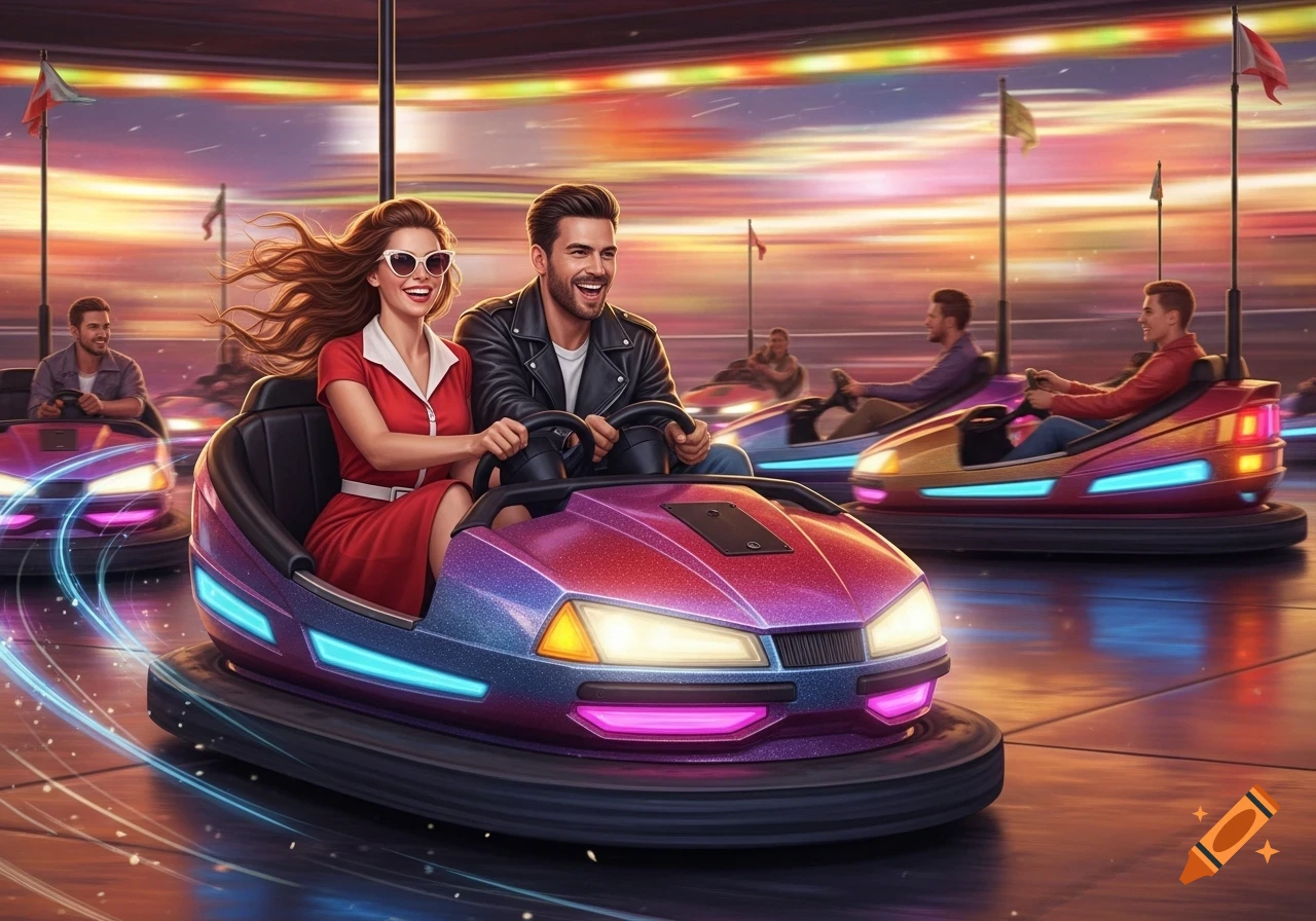 A man and woman laugh in a colorful bumper car, surrounded by other people in an amusement park arena at dusk.
