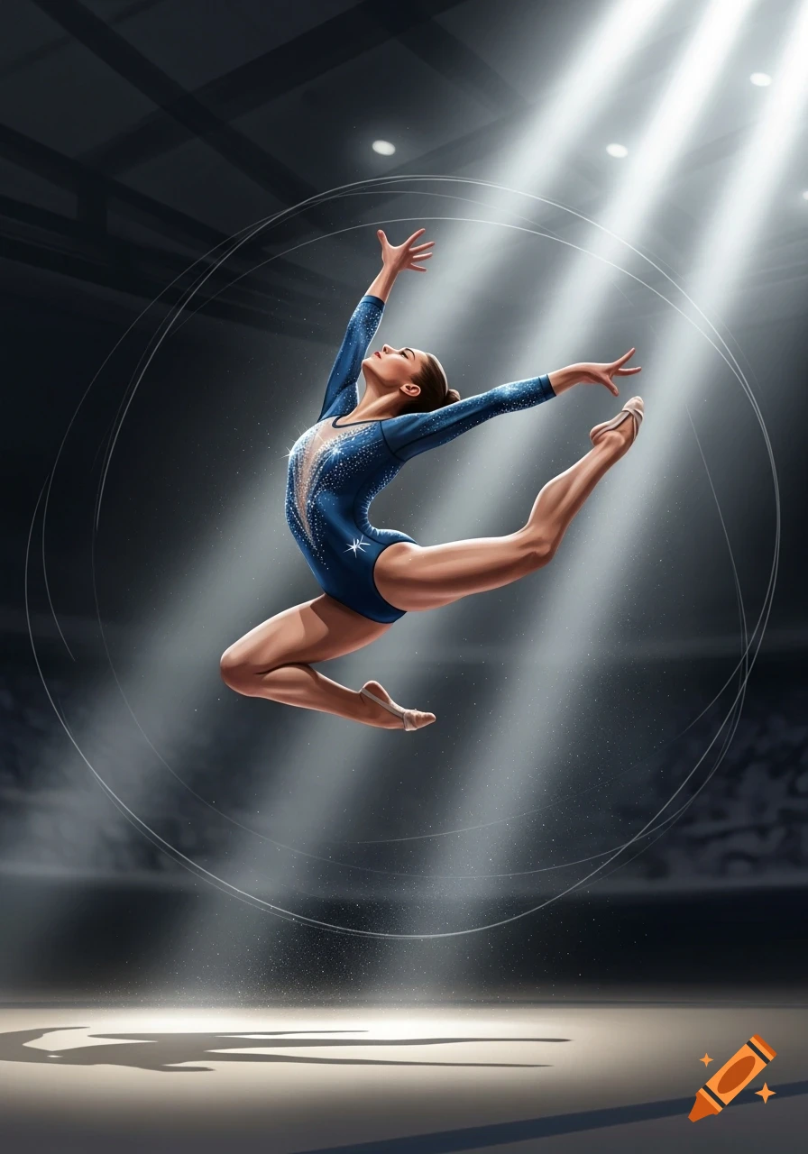 A female gymnast in a sparkling blue leotard leaps in mid-air on a dark stage under spotlights, digital illustration.