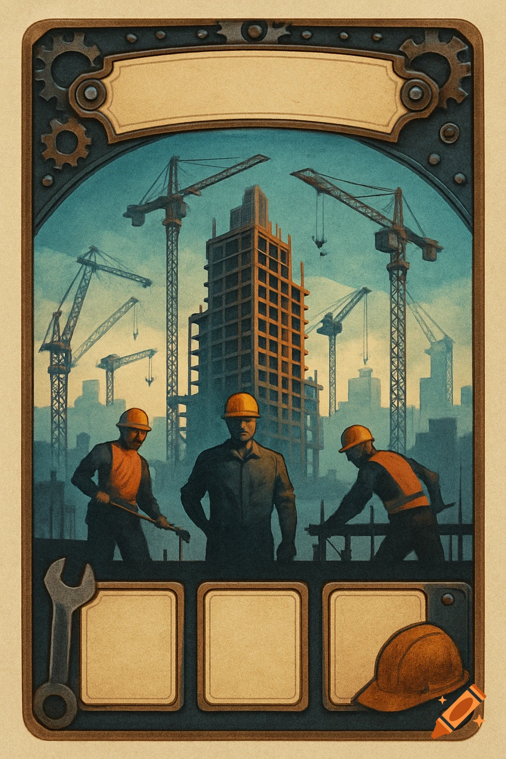 Illustrated playing card featuring three construction workers with hard hats, a skyscraper, and cranes, framed by gears.