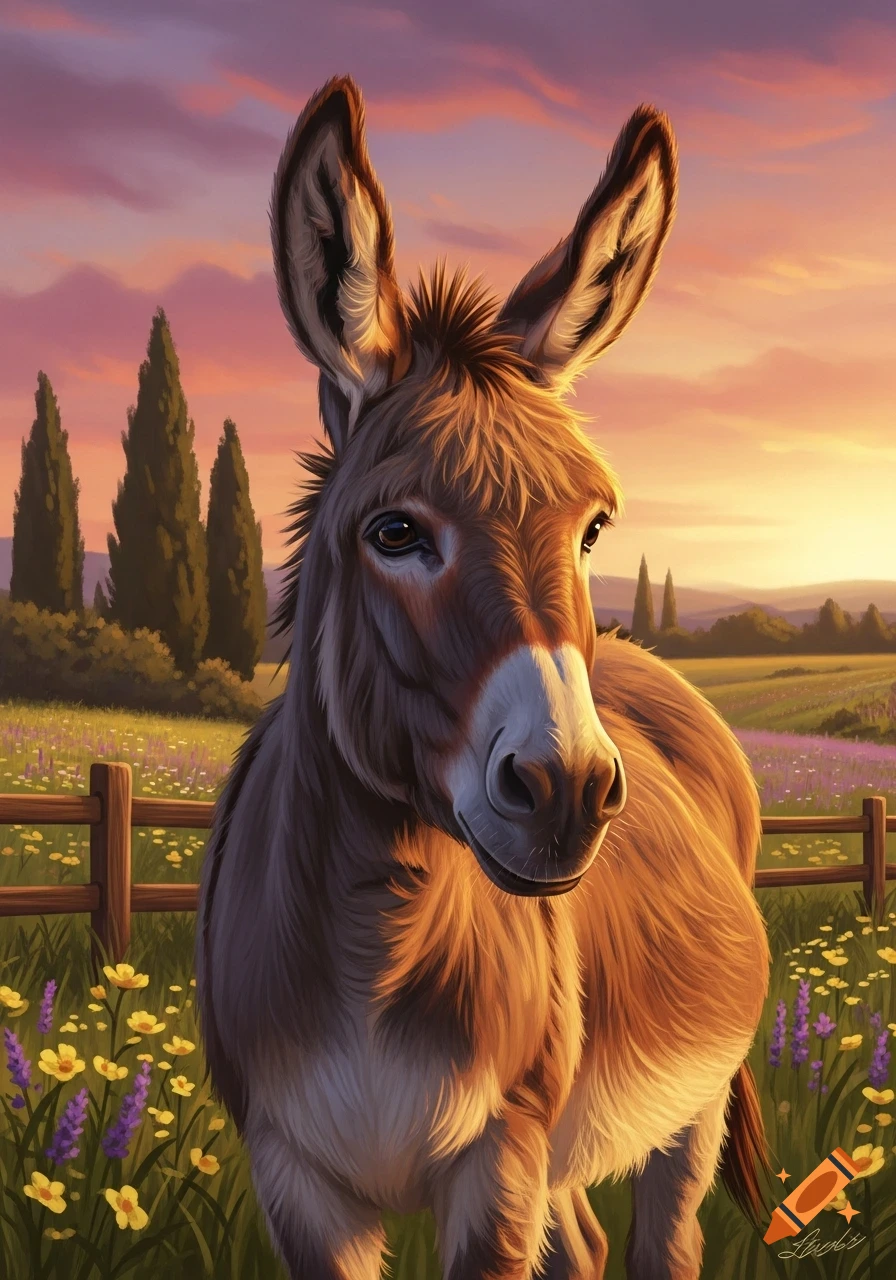 A stylized illustration of a brown donkey with large ears, standing in a field of yellow and purple wildflowers during sunset.