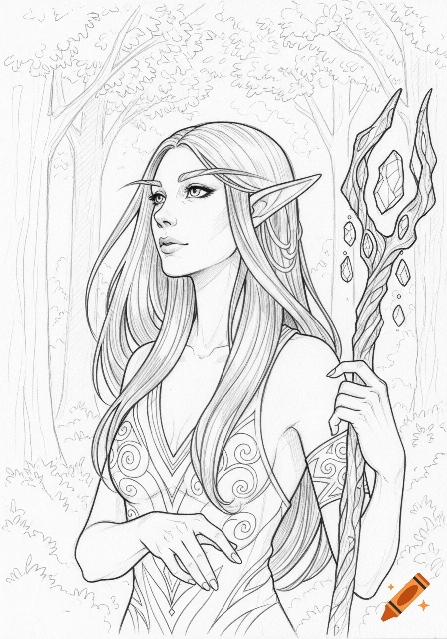 Line art sketch of an elf woman with long hair and pointed ears, holding a crystal-adorned staff in a forest.