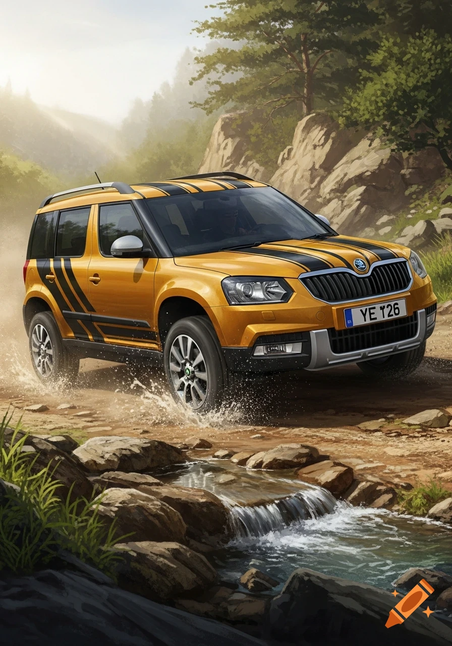 A yellow Skoda Yeti SUV with black stripes splashes through a muddy off-road path with a stream and trees.