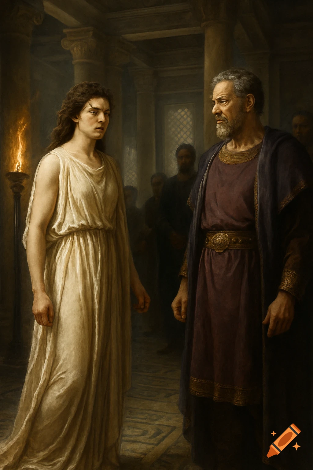 A young man in a white tunic faces an older, bearded man in a dark robe within a dimly lit ancient hall.