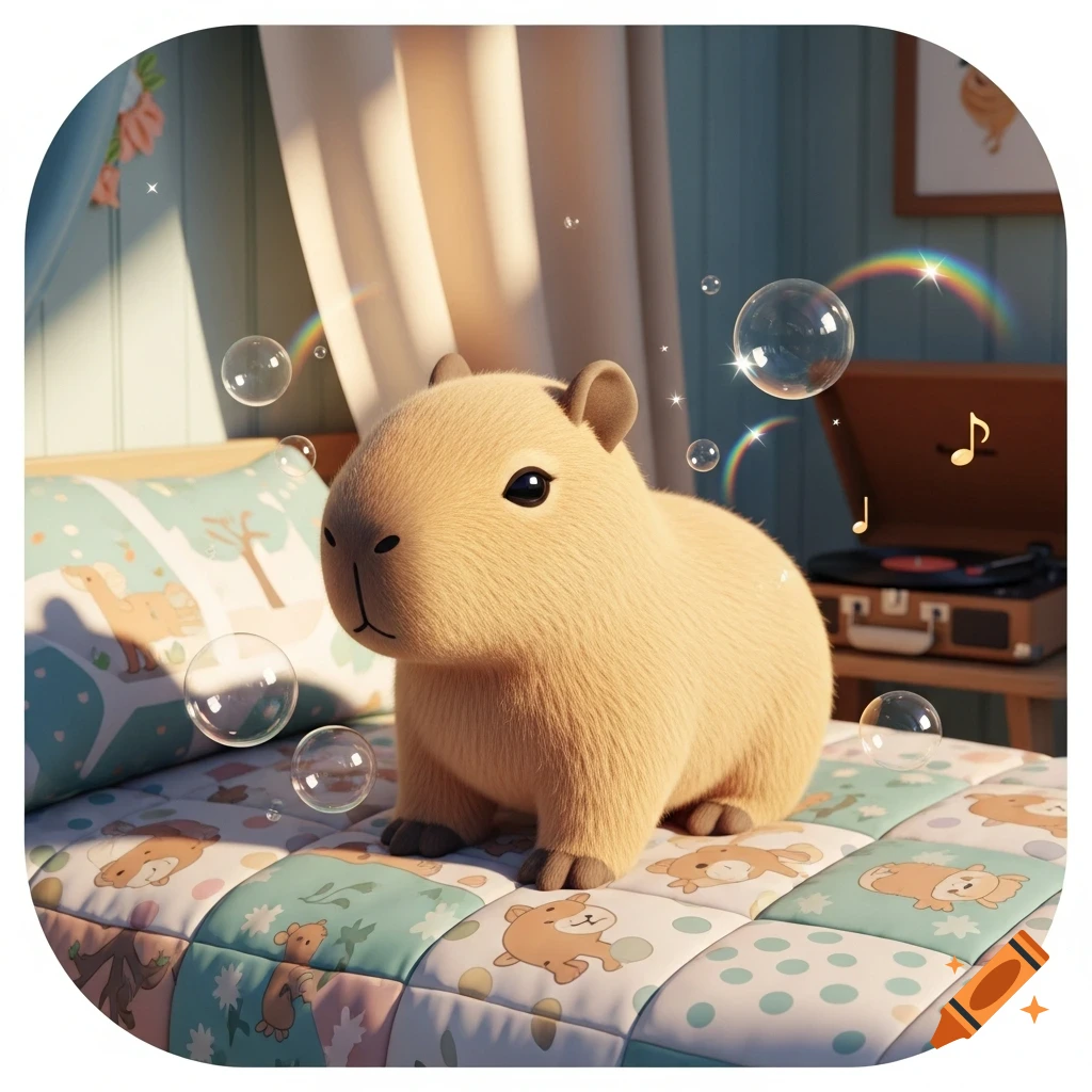 A cute, stylized baby capybara plushie sits on a patchwork quilt in a whimsical, sunny room with floating bubbles and rainbows.