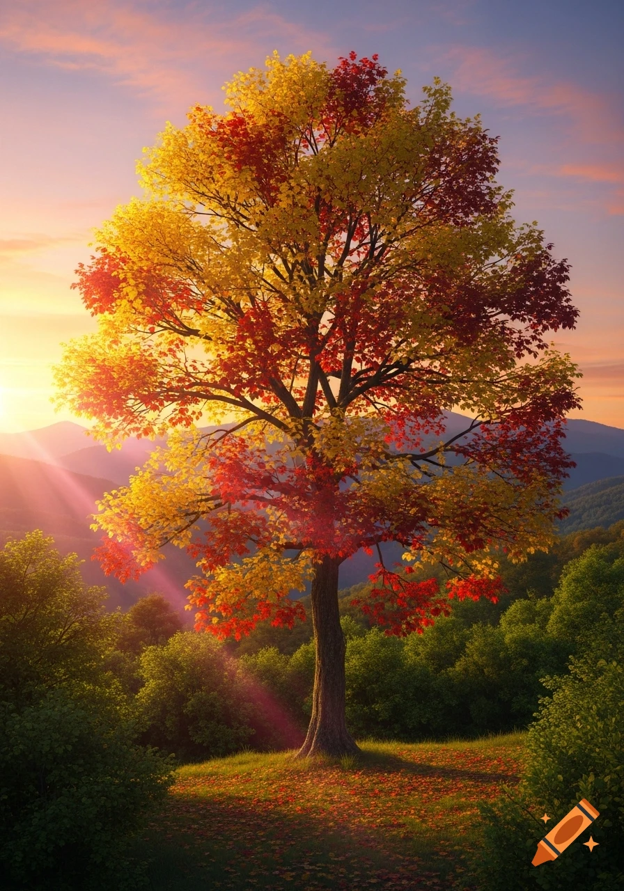 Vibrant autumn tree with gold and red leaves on a hill, mountains in ...