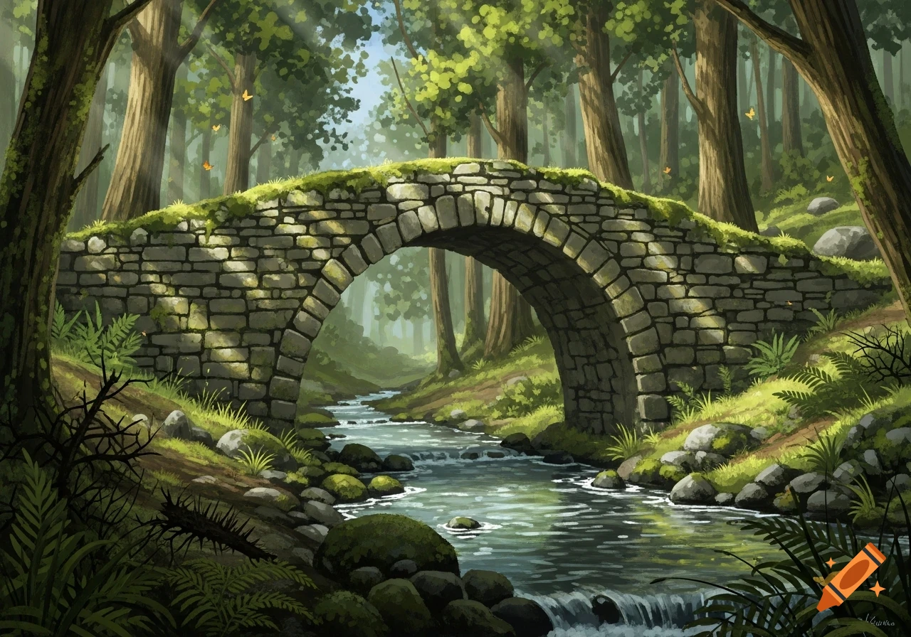Mossy stone arched bridge over a rocky stream in a vibrant forest with sunlight, painted style.
