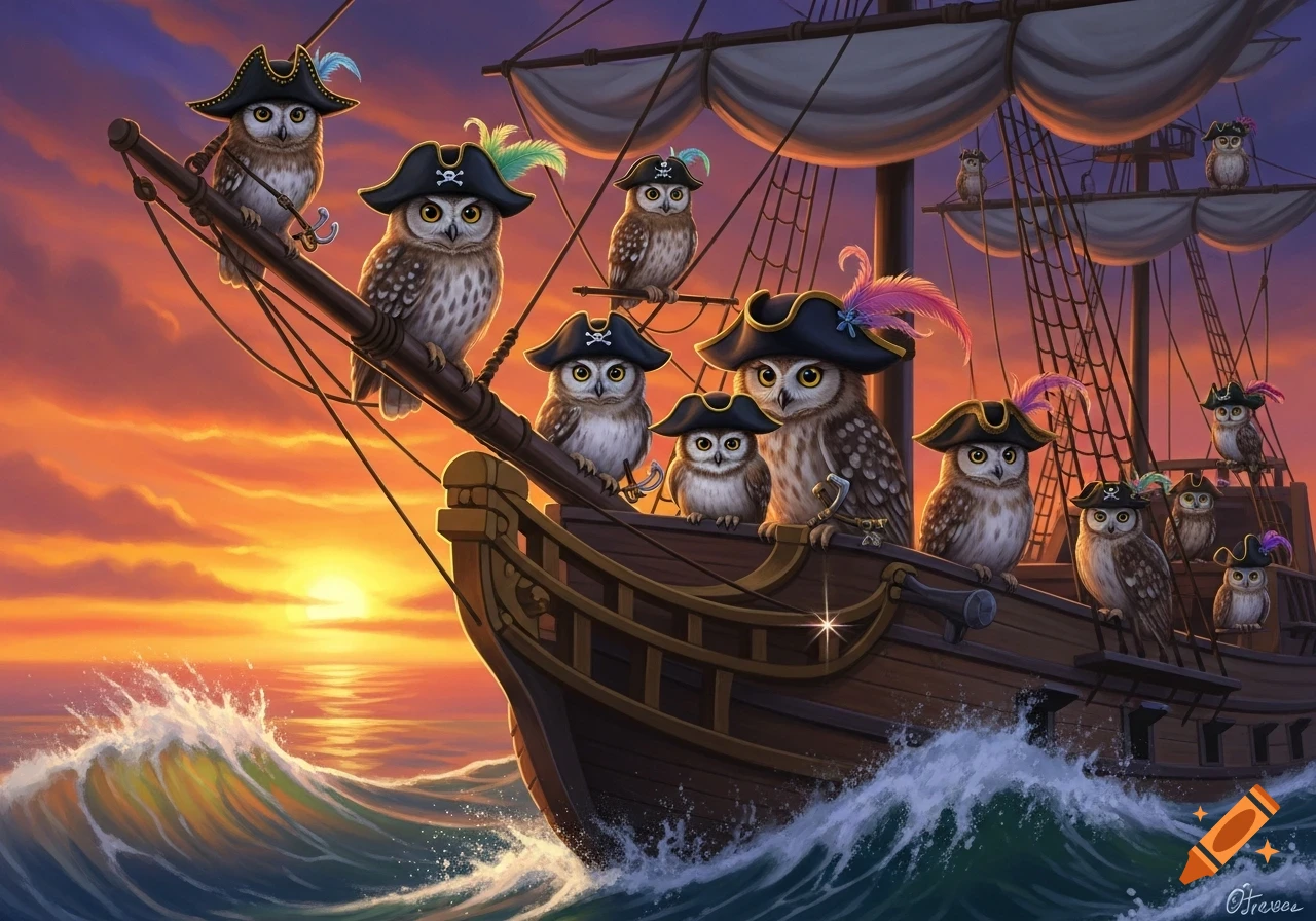 Numerous owls wearing pirate hats on a sailing ship at sunset, with choppy waves.