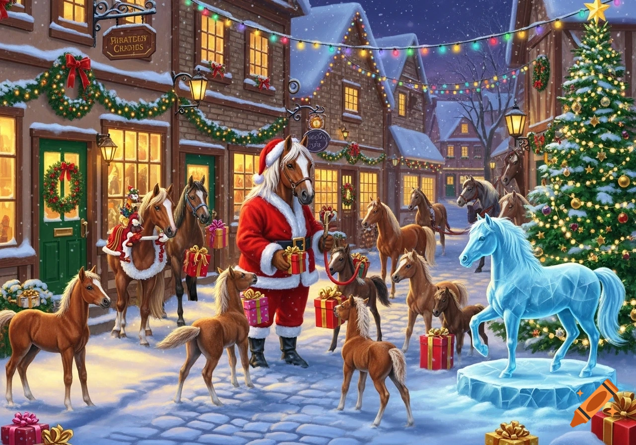A festive Christmas scene in a snowy town, with a horse dressed as ...