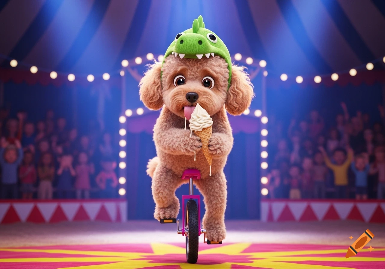 A cute photorealistic poodle wearing a green dinosaur hat rides a unicycle in a circus ring while eating a melting ice cream cone.