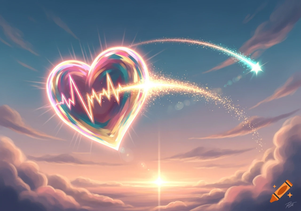 A vibrant, multi-colored heart with a glowing heartbeat line floats in a pastel sky with soft clouds and sparkling trails.