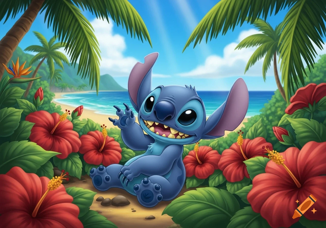 Cartoon Stitch sits smiling and waving amidst red hibiscus flowers, palm trees, and a tropical beach.