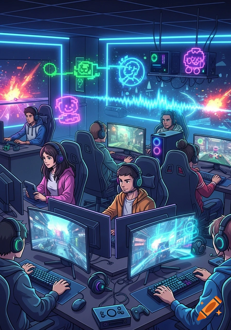 A group of young gamers with headsets are immersed in playing video games at computers in a vibrant, neon-lit room filled with futuristic pixel art displays, in a detailed cartoon style.