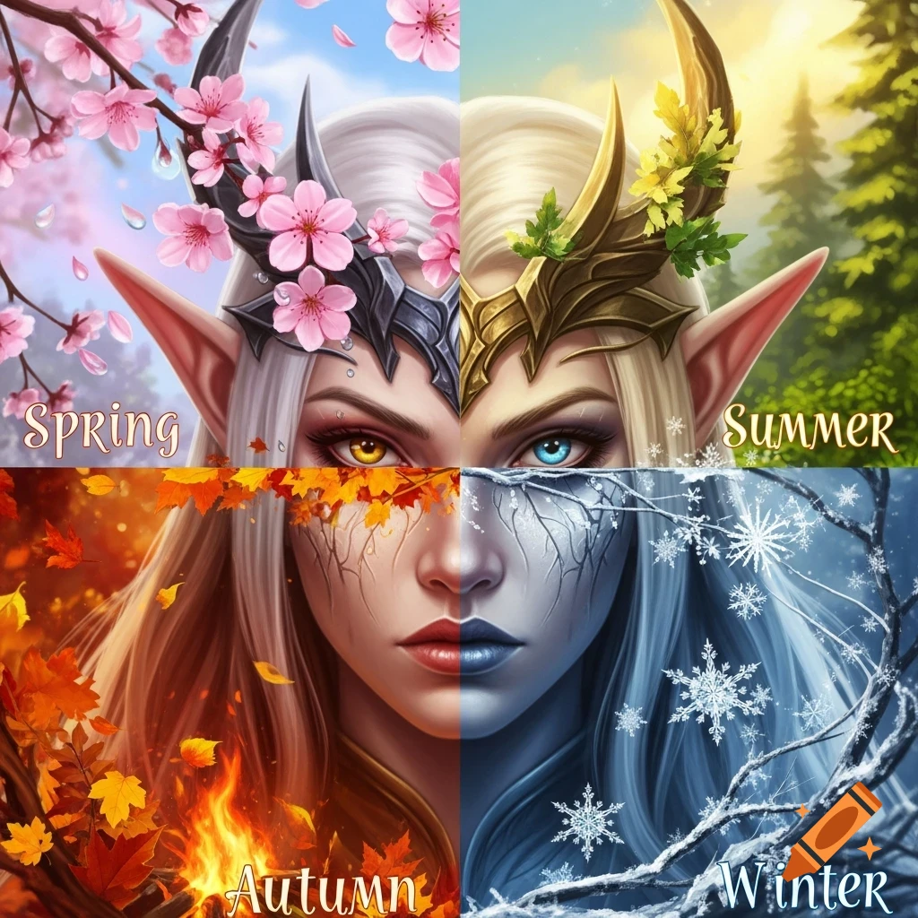 A close-up fantasy portrait of an elven woman's face divided into four quadrants, each representing a season with appropriate colors and elements, labeled Spring, Summer, Autumn, and Winter.