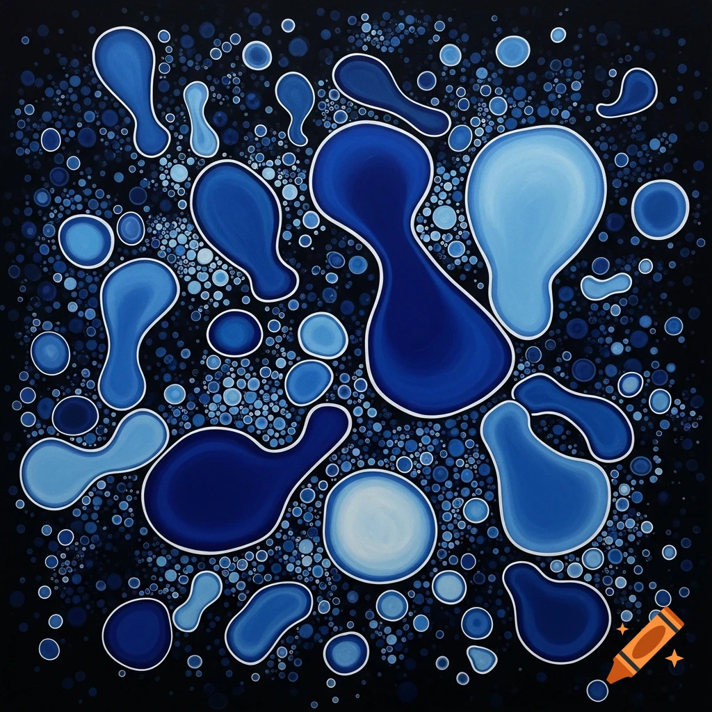 An abstract painting featuring various elongated and rounded blue ...