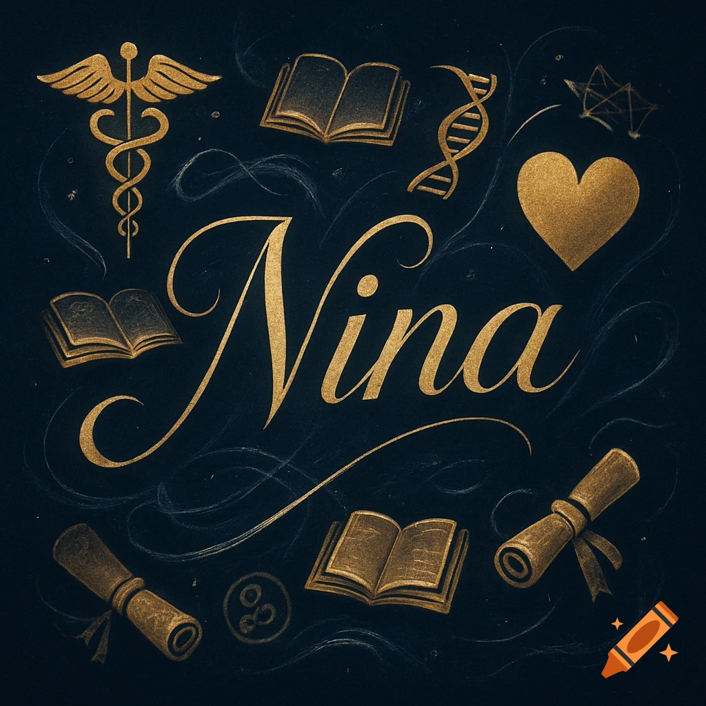 Golden script name 'Nina' surrounded by golden medical symbols, open books, and diplomas on a dark blue background.