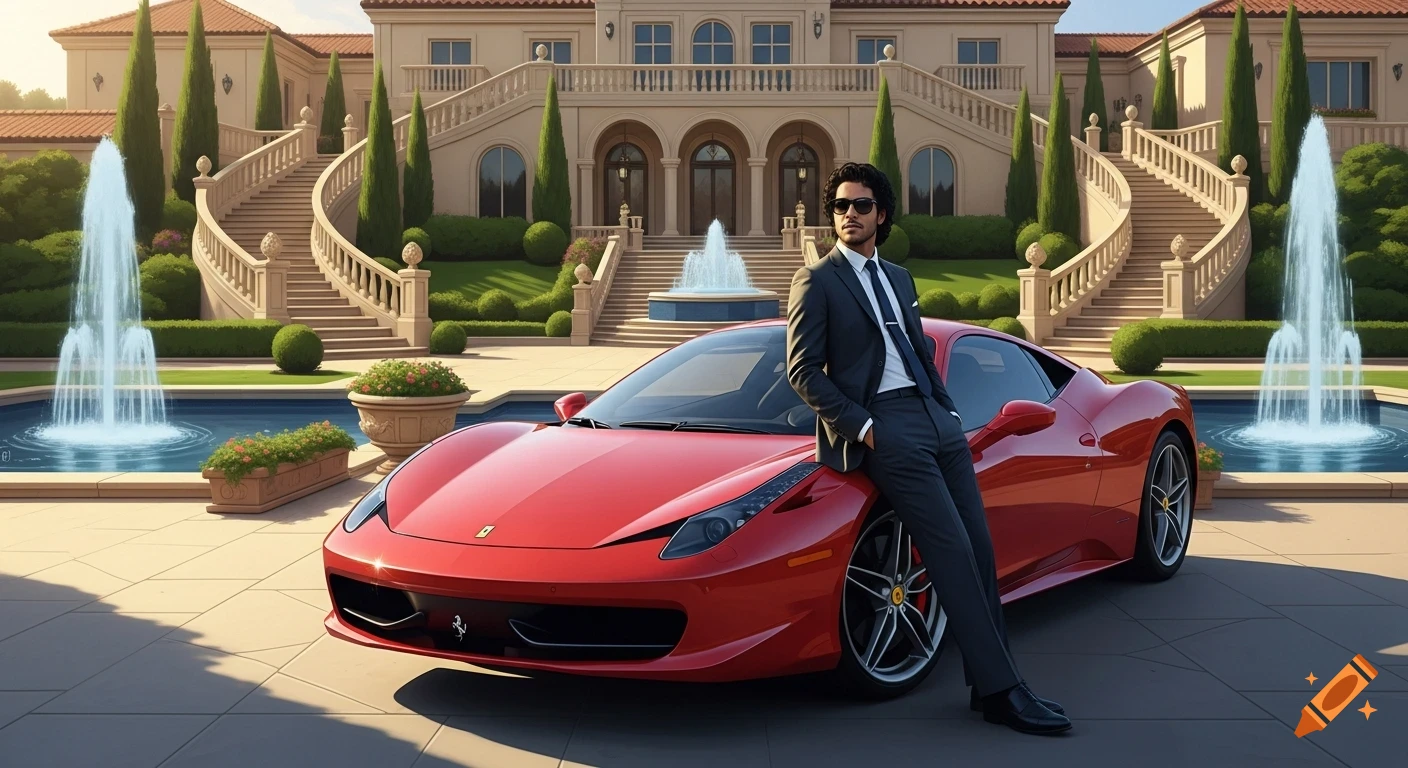 A stylish man in a suit leans on a red Ferrari sports car in front of a grand mansion with fountains.