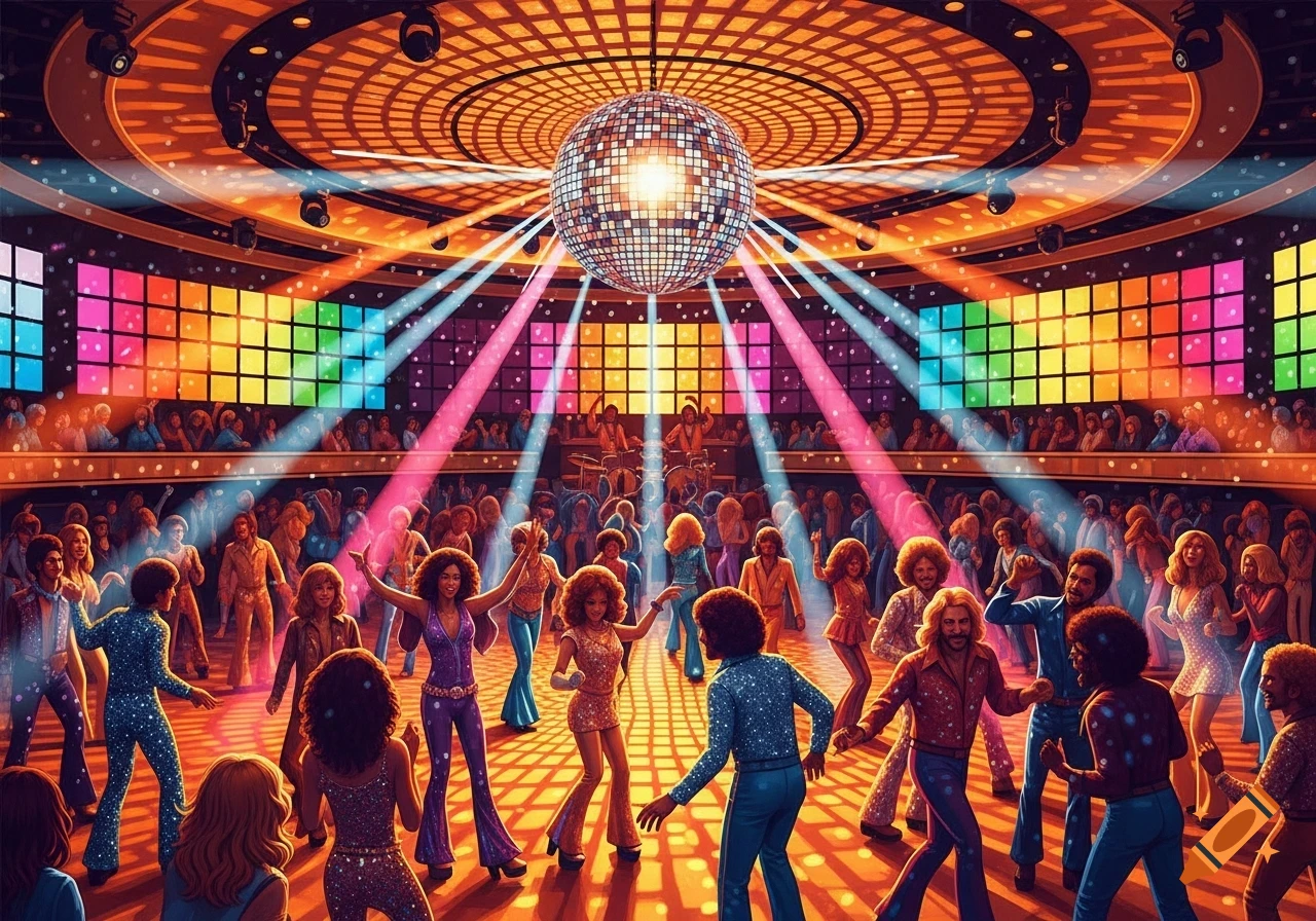 A vibrant 70s disco scene with many people dancing under a large disco ball and colorful lights.