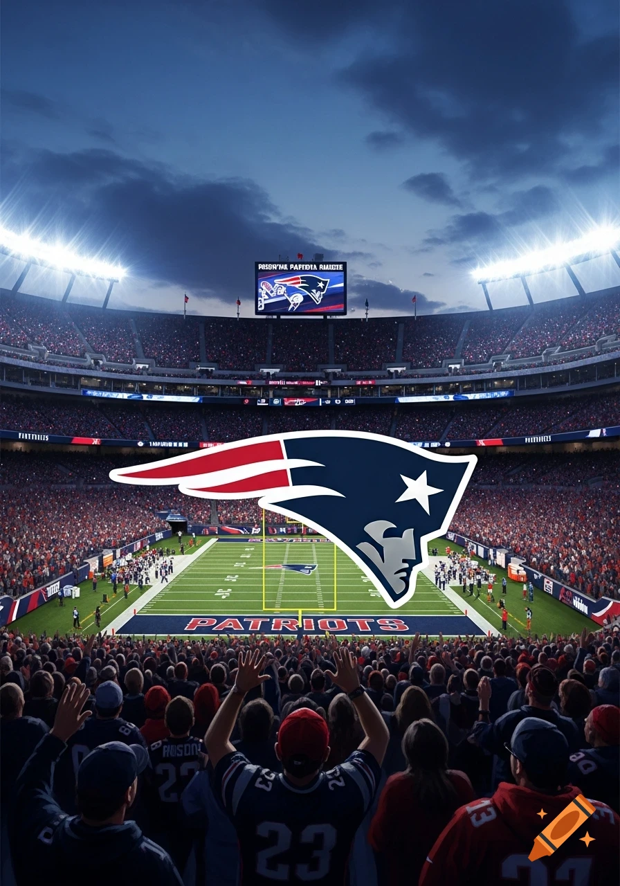 A crowded New England Patriots football stadium at night, with the team logo overlaid, seen from behind cheering fans.