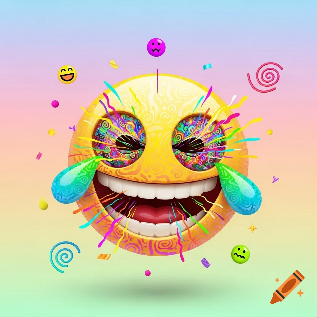 A vibrant, psychedelic laughing emoji with swirling colorful patterns in its eyes and tears, surrounded by abstract elements on a gradient background.