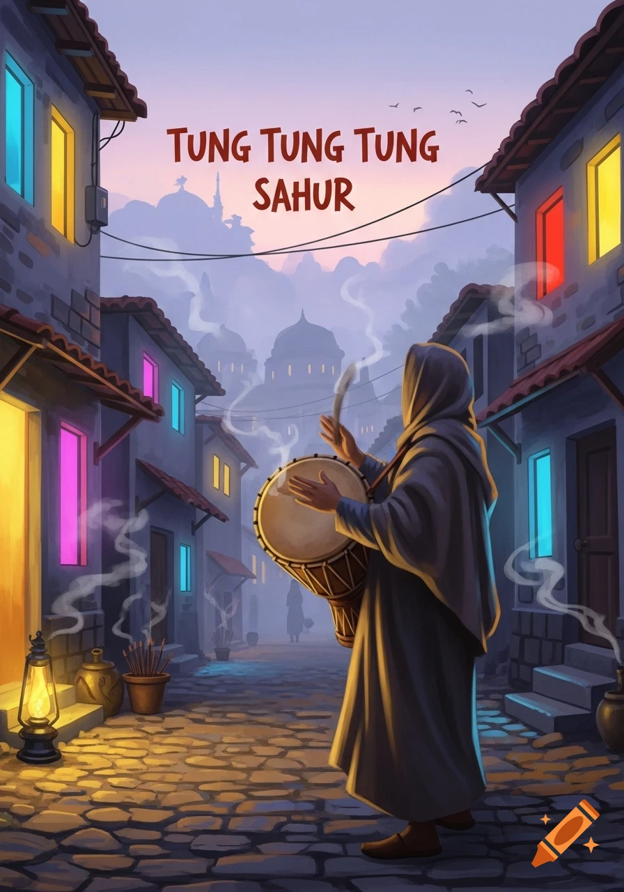 A hooded figure drums in a stylized street at dawn, with colorful glowing windows and the text 'TUNG TUNG TUNG SAHUR' in the sky.