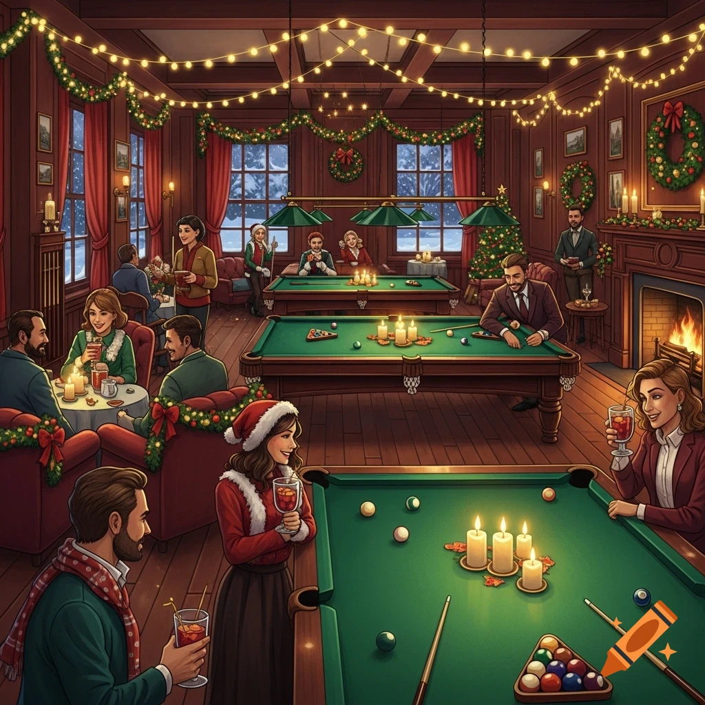 Illustrated scene of a cozy Christmas party at a billiards club with people playing pool, drinking, and chatting.