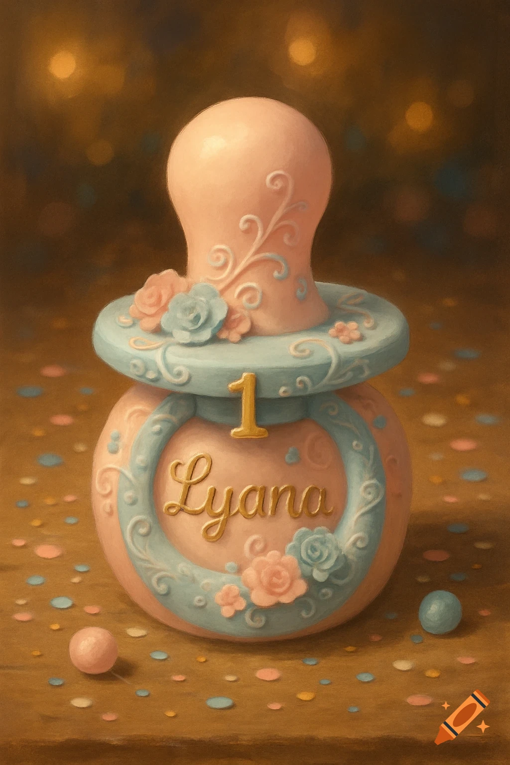 A decorated pacifier-shaped birthday cake with a number 1 and the name 'Lyana' on it, surrounded by confetti in a painterly style.