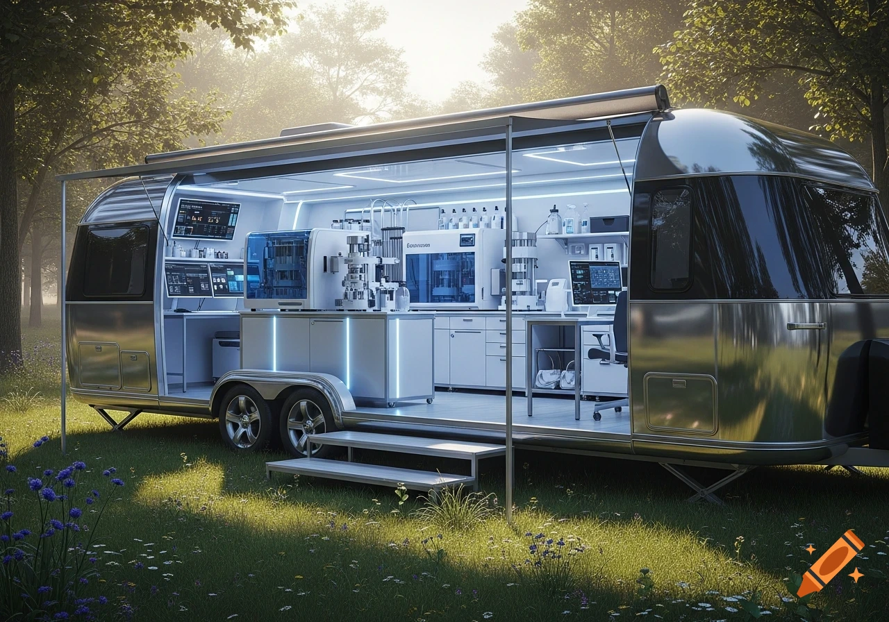 A futuristic mobile laboratory, built into a shiny silver caravan, stands open in a sunny grassy forest clearing. The interior glows with blue and white lights, revealing various scientific equipment, screens, and workstations.
