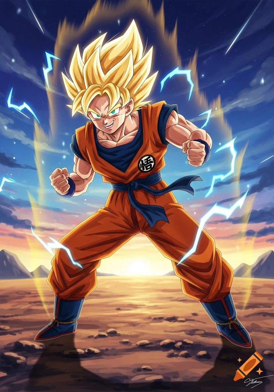 Goku, in Super Saiyan form, powers up with a mischievous grin, surrounded by lightning and a desert sunset.