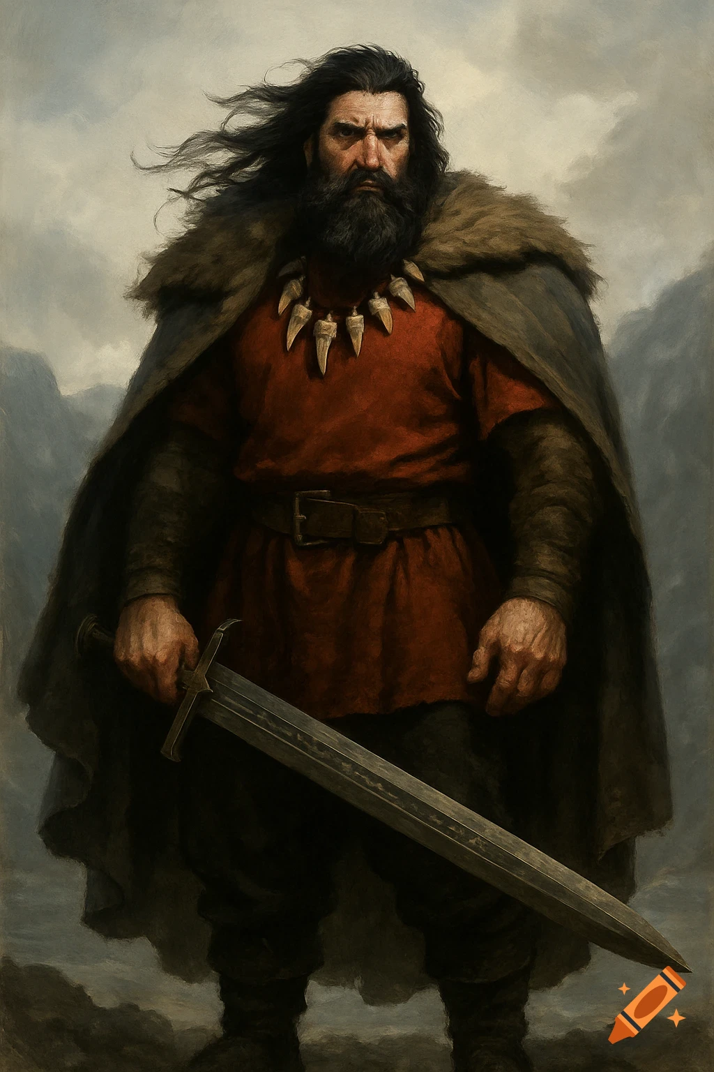 A stoic, bearded Viking warrior in a fur-lined cloak and red tunic holds a large sword, set against a cloudy, mountainous backdrop in a digital painting style.