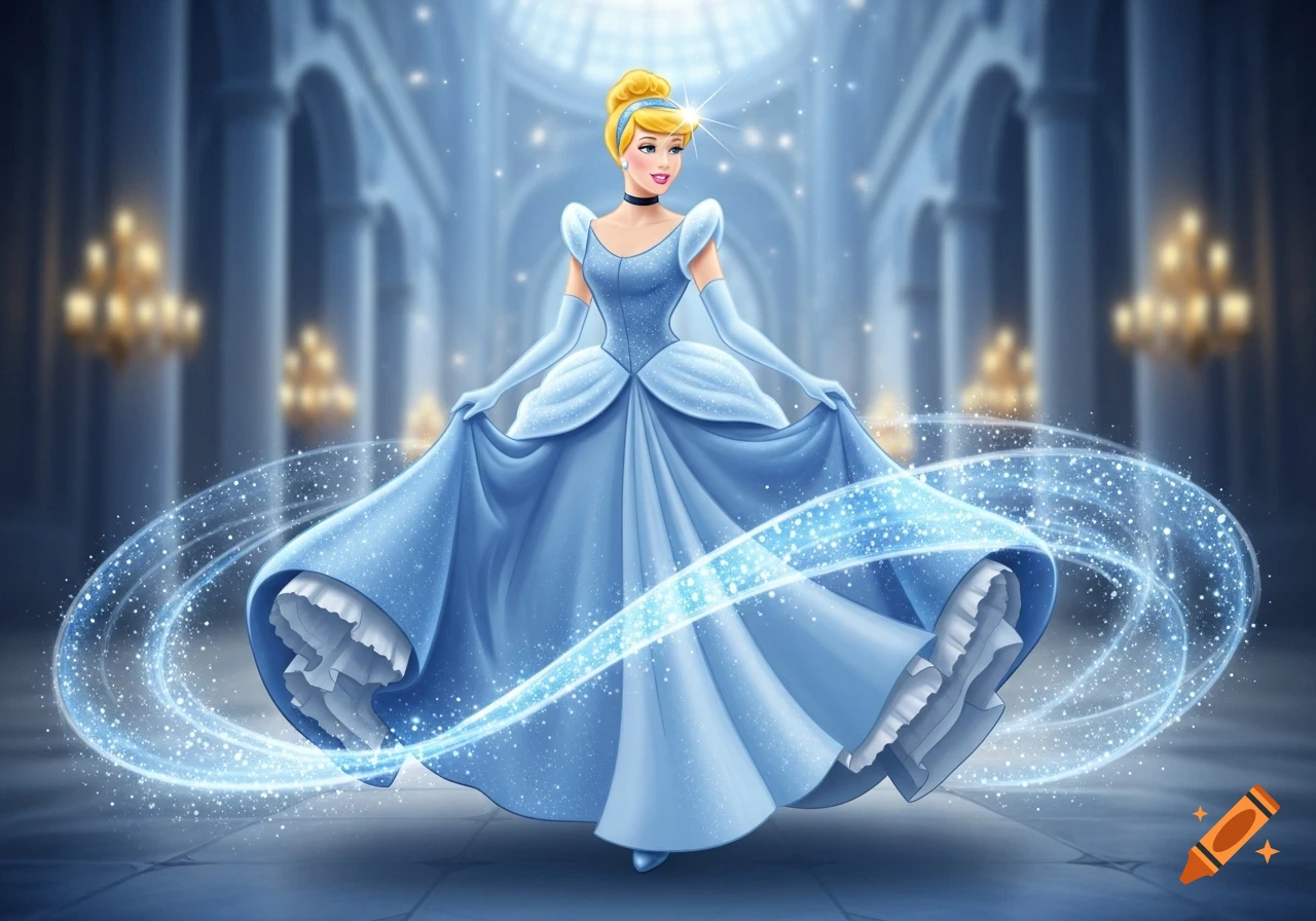 Cinderella in a blue ball gown with a magical, sparkling, flowing skirt in a grand ballroom.