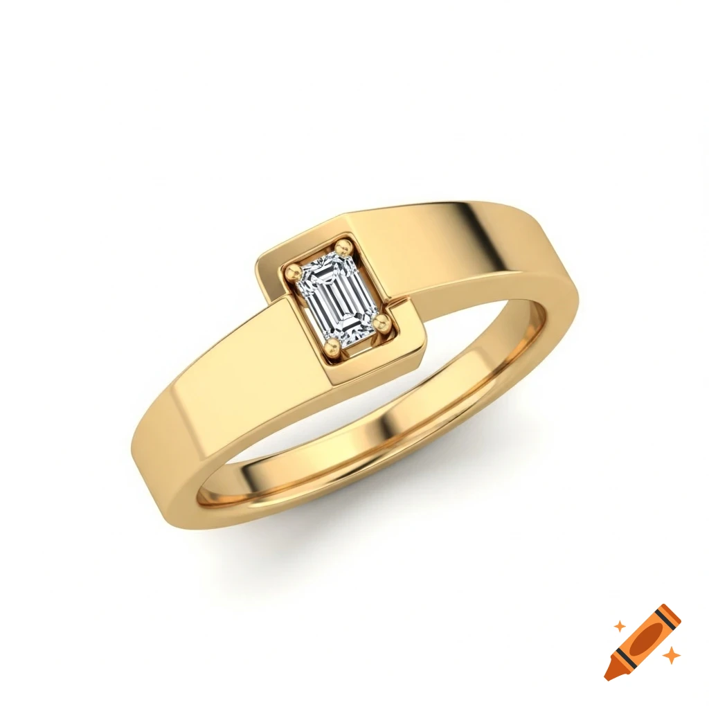 A shiny gold wedding ring with a rectangular emerald-cut diamond set in an overlapping flat band, on a white background.