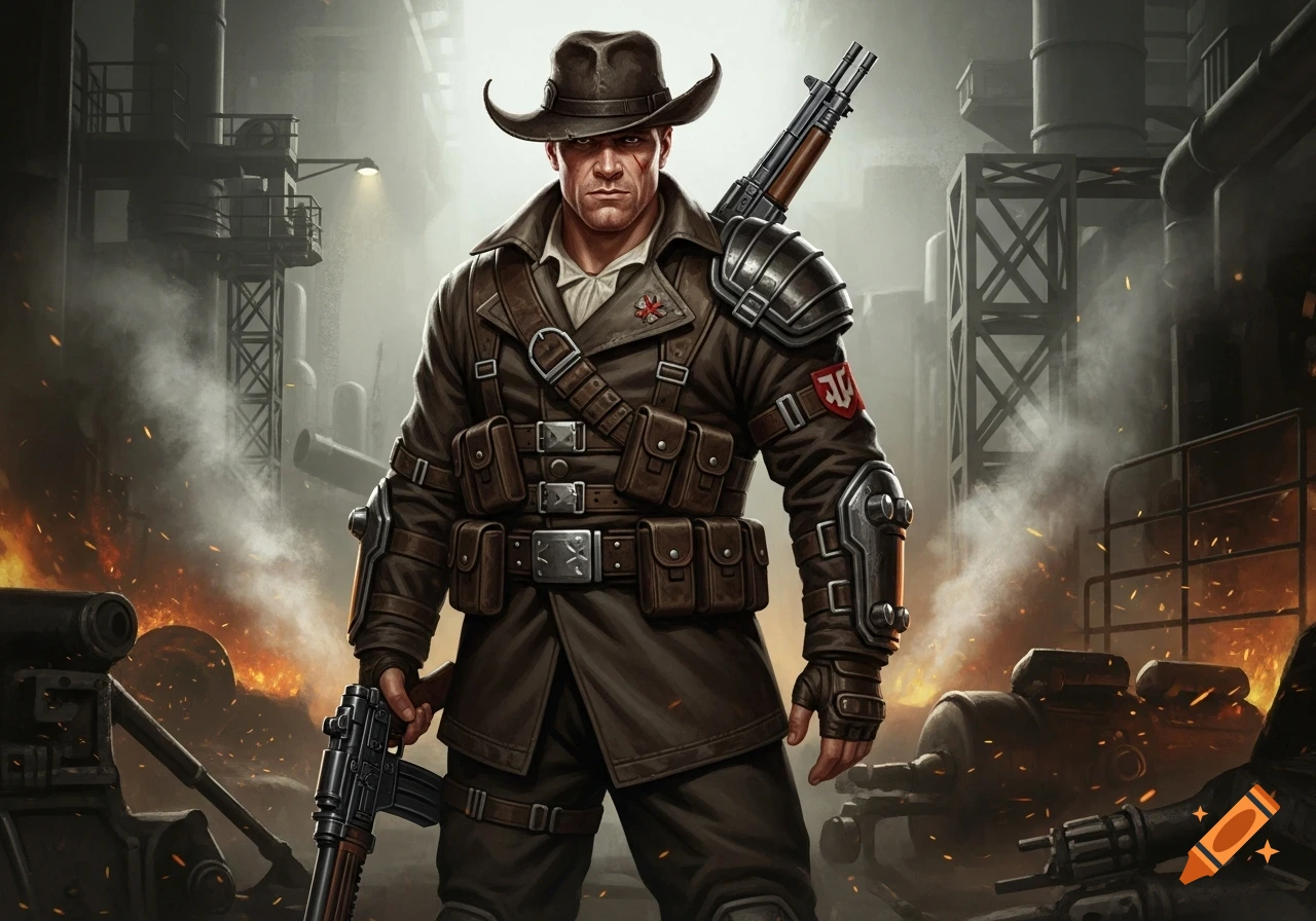 A stern soldier in a brown trench coat, leather gear, and cowboy hat holds a rifle in a fiery, industrial, war-torn landscape.