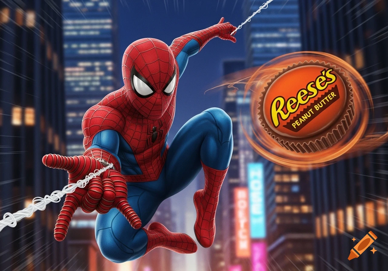 Spider-Man in his classic red and blue suit swings through a city skyline, reaching for a giant Reese's Peanut Butter Cup.