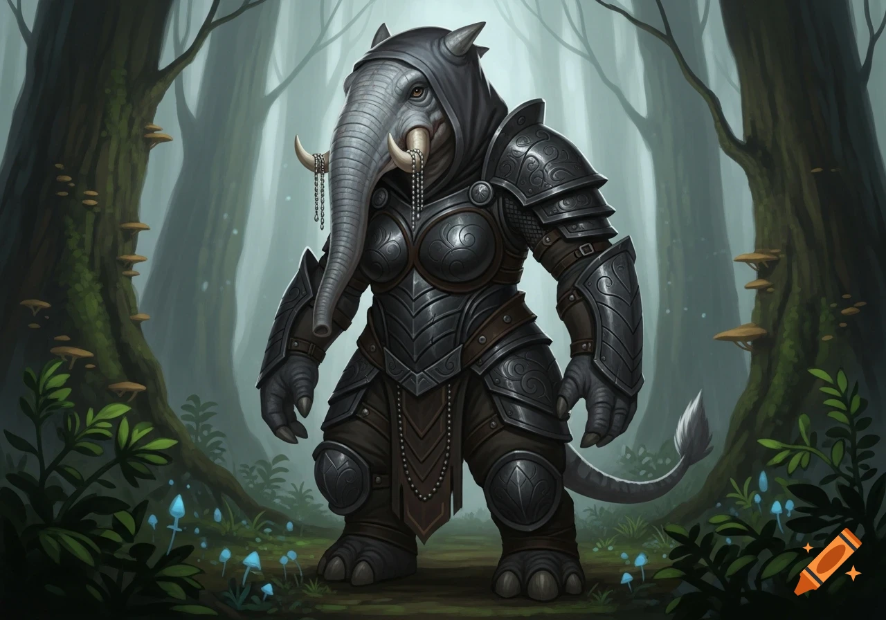 A powerful armored loxodon rogue stands in a mystical, foggy forest.