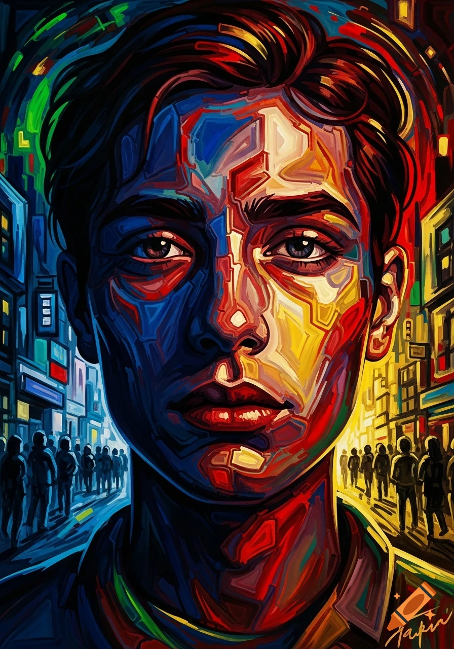 An expressionistic portrait of a man with geometric facets and vibrant, contrasting colors, against a blurred city street.