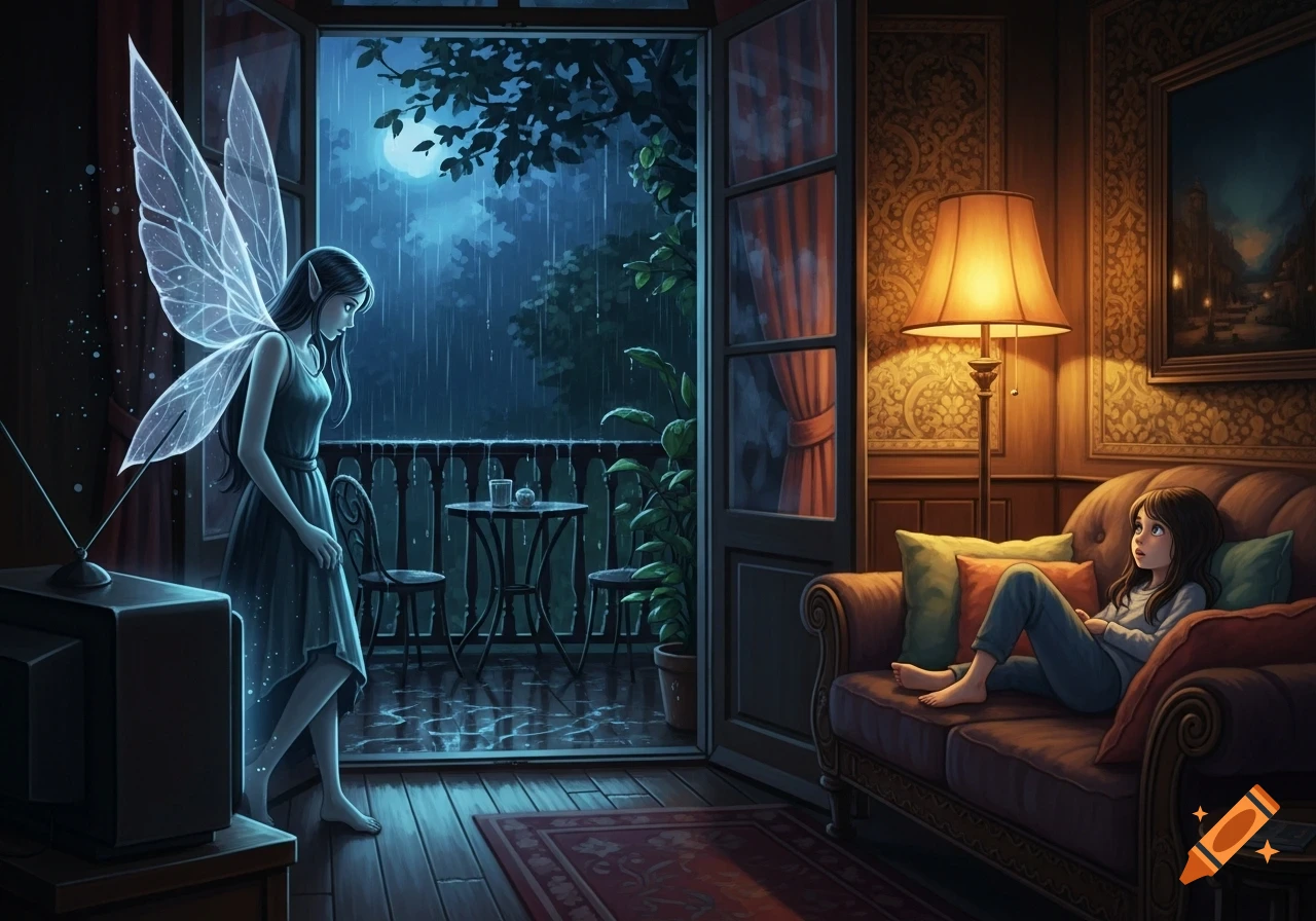 A fairy stands by a rainy balcony at night, while a girl sits on a couch inside under a lamp.