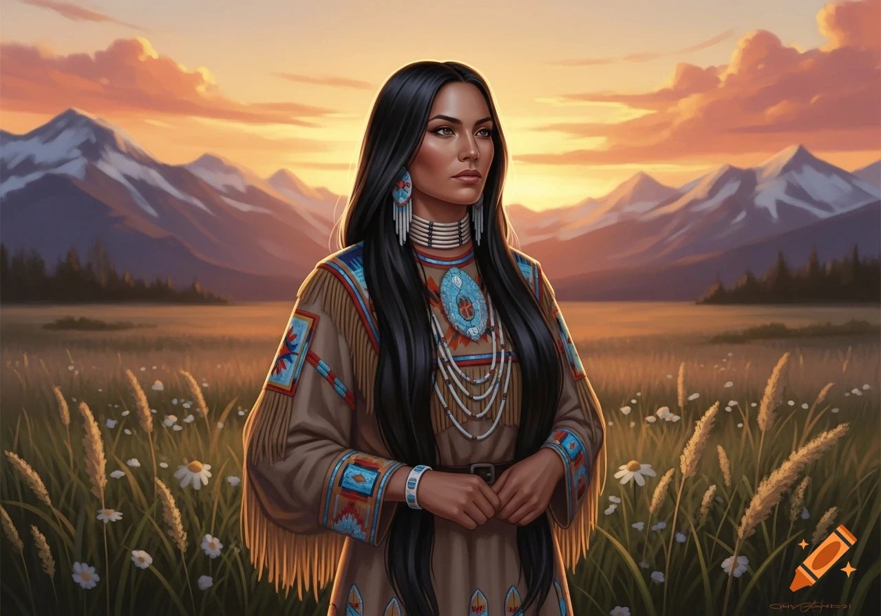 Digital painting of a Native American woman in traditional attire standing in a field with mountains and a sunset.