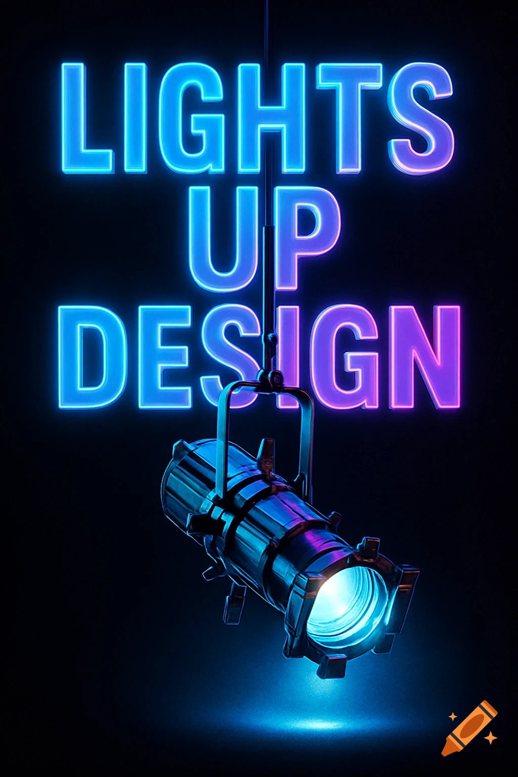 A stage light hangs below glowing blue and purple neon text that reads "LIGHTS UP DESIGN" on a dark background.