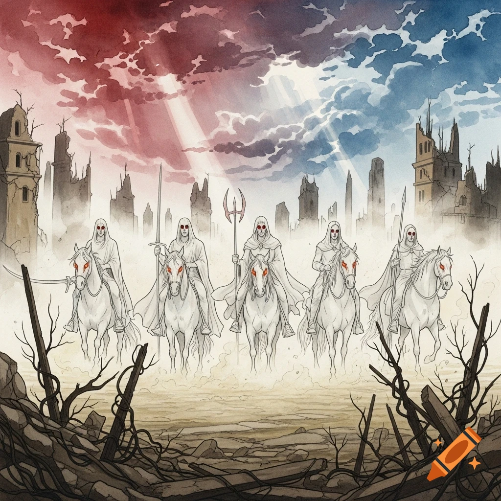 Five hooded figures with red eyes ride white horses through a ruined, apocalyptic landscape under a split red and blue sky, in a watercolor style.