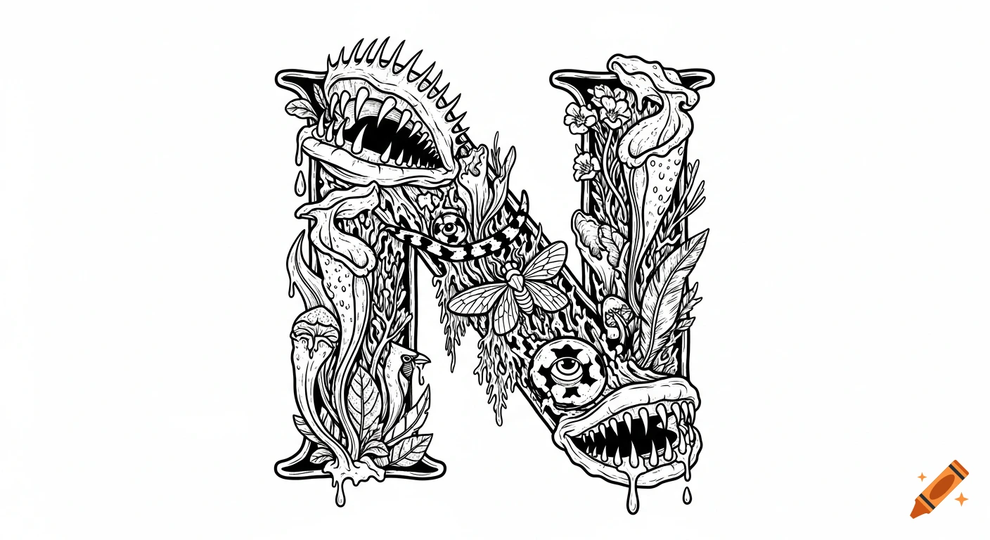 Black and white line art illustration of a capital 'N' composed of psychedelic carnivorous plants, dripping moss, insects, and stylized animal features.