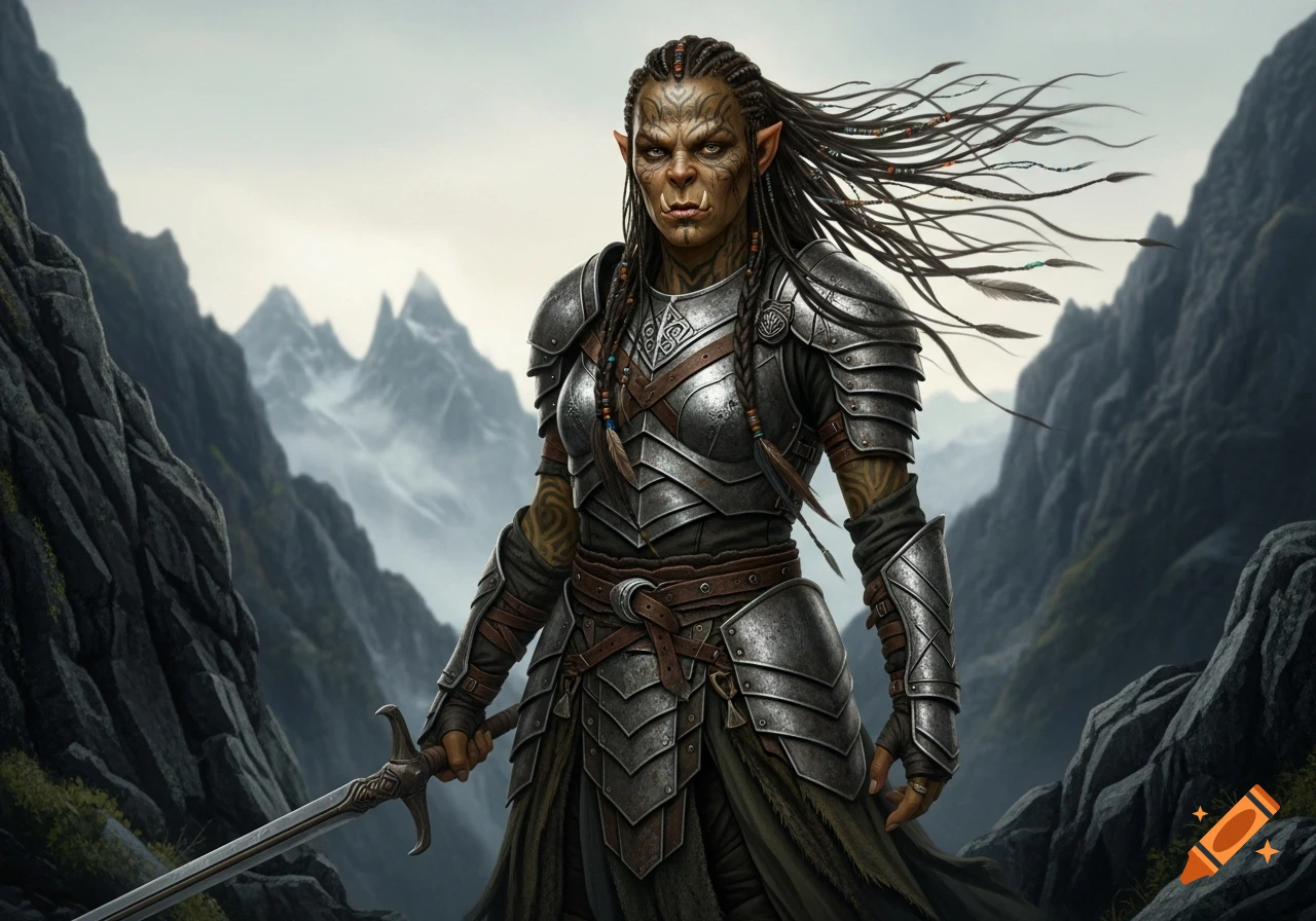 A fierce female orc warrior in intricate armor stands in a mountain pass, holding a sword.