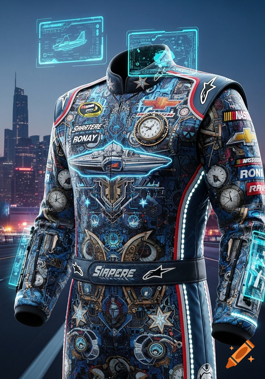 A highly detailed, futuristic steampunk-style NASCAR racing suit, with intricate gears, clocks, and starship motifs, against a city skyline at dusk.