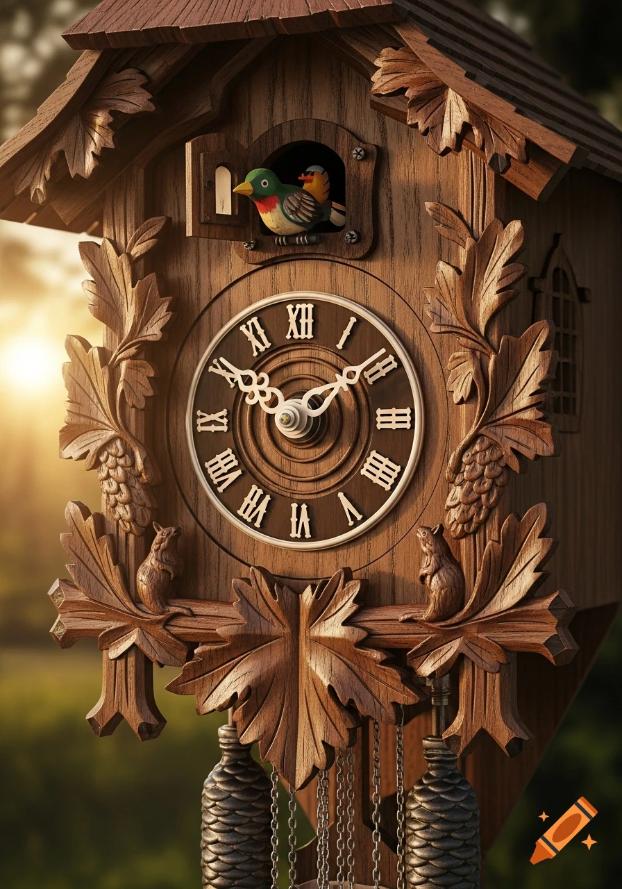 Detailed wooden cuckoo clock with a colorful bird, carved leaves, pinecones, and squirrels, against a soft outdoor background.