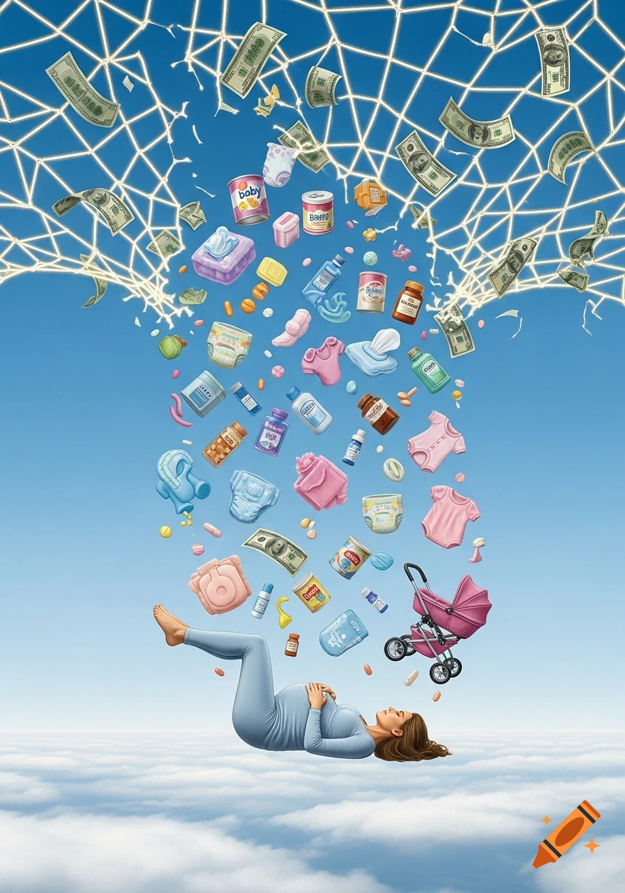 A pregnant woman floats on her back above clouds as baby items, medicines, and money fall from a breaking web of dollar bills in a blue sky.