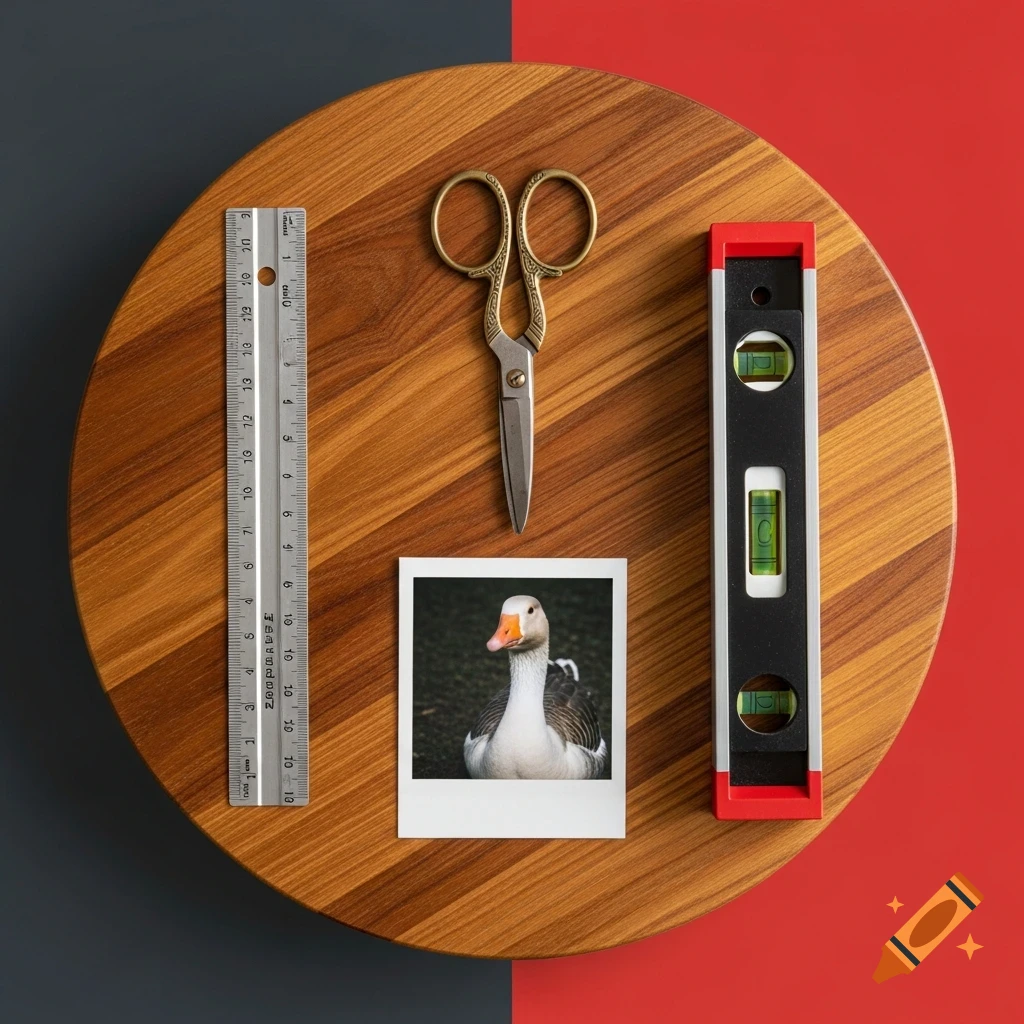 A flat lay of a wooden circle featuring a ruler, ornate scissors, a spirit level, and a polaroid of a goose on a split background.